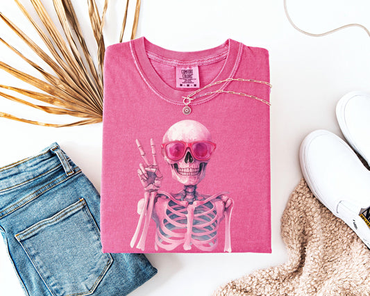 Retro Skull Shirt, Vintage Peace Sign with Pink Glasses, 70s