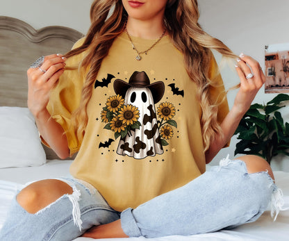 Cowboy Ghost Shirt with Sunflowers, Western Halloween , Cow