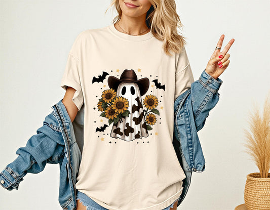 Cowboy Ghost Shirt with Sunflowers, Western Halloween , Cow