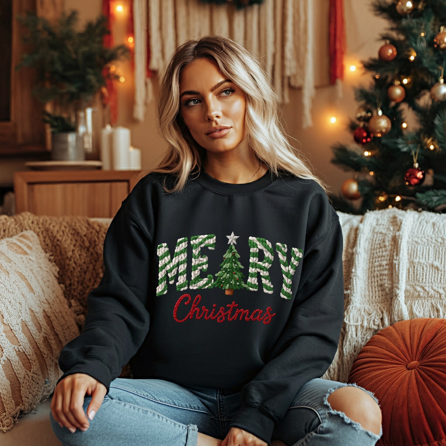 Merry Christmas Sweatshirt – Festive Faux Crochet Holiday Sweater | Cozy Winter Pullover | Holiday Sweaters | Cute Holiday Top