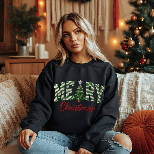 Merry Christmas Sweatshirt – Festive Faux Crochet Holiday Sweater | Cozy Winter Pullover | Holiday Sweaters | Cute Holiday Top