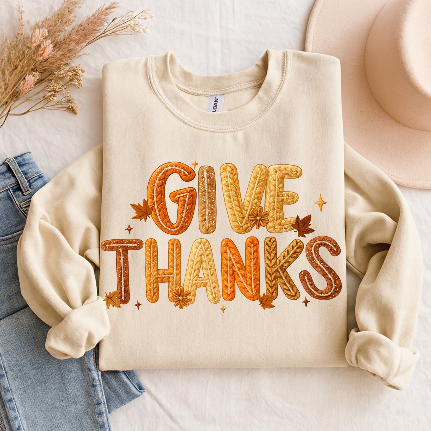 Give Thanks Faux Crochet Sweatshirt – Cozy Fall Thanksgiving Sweater | Neutral Autumn Pullover Gift | Fall Season Top | Pumpkin Patch Sweater | Thankful Sweater