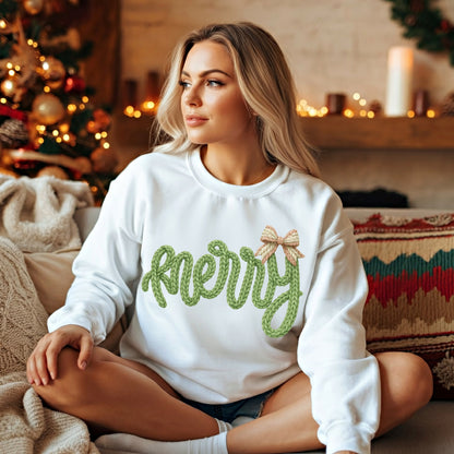 Merry Faux Crochet Rope Knit Christmas Sweatshirt | Cozy Holiday Pullover | Soft Winter Sweater for Women | Holiday Sweaters | Merry Christmas