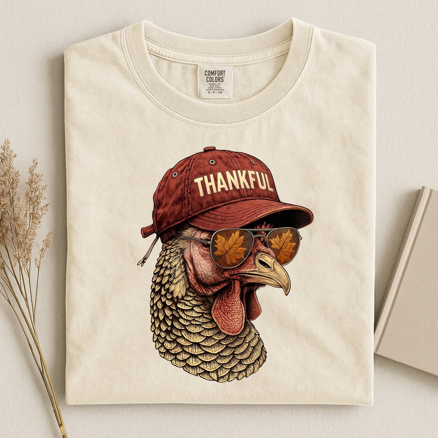 Thankful Turkey Shirt | Funny Thanksgiving Graphic Tee | Comfort Colors Fall T-Shirt for Men & Women | Turkey With Shades | Funny Fall Shirts | Turkey With Hat On