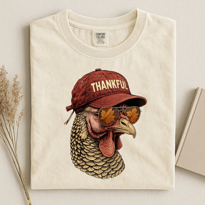 Thankful Turkey Shirt | Funny Thanksgiving Graphic Tee | Comfort Colors Fall T-Shirt for Men & Women | Turkey With Shades | Funny Fall Shirts | Turkey With Hat On
