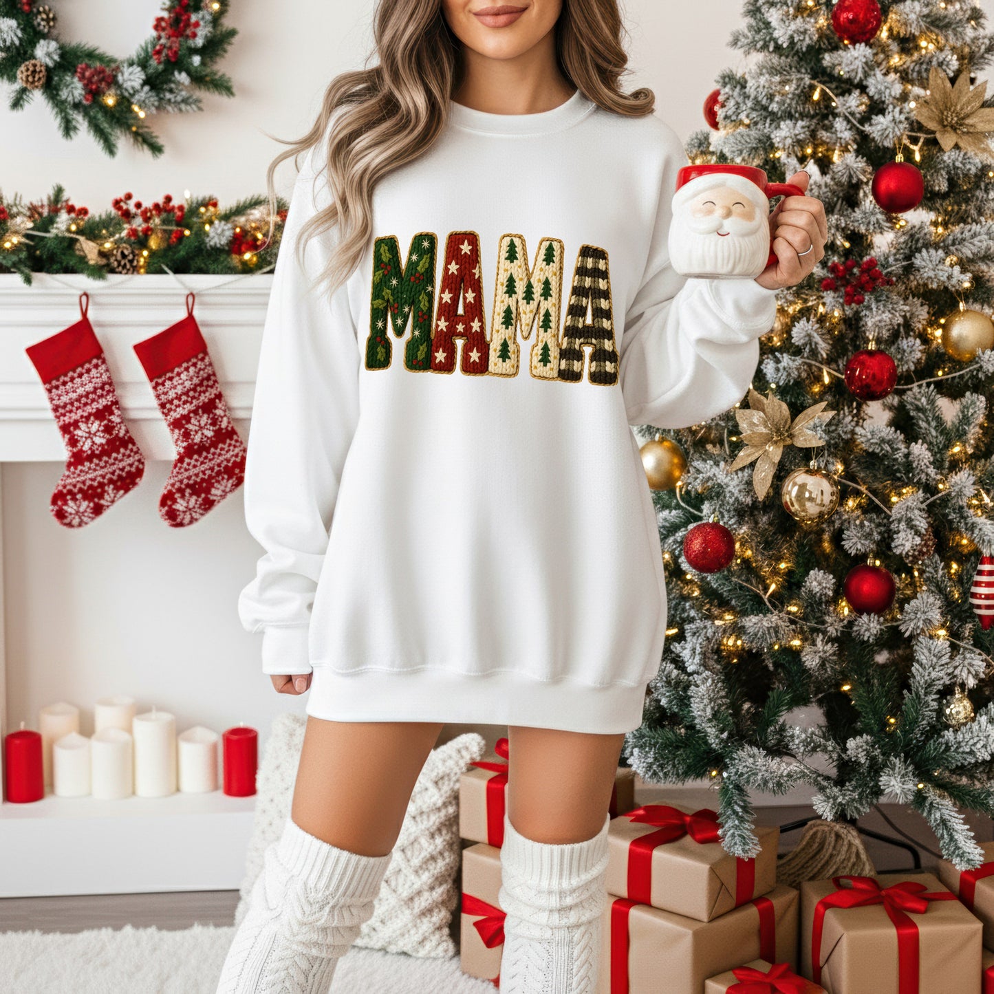 Christmas MAMA Sweatshirt – Cozy Holiday Sweater for Moms | Faux Crochet Knit Print | Festive Winter Pullover | Cute Christmas Sweater For Mom